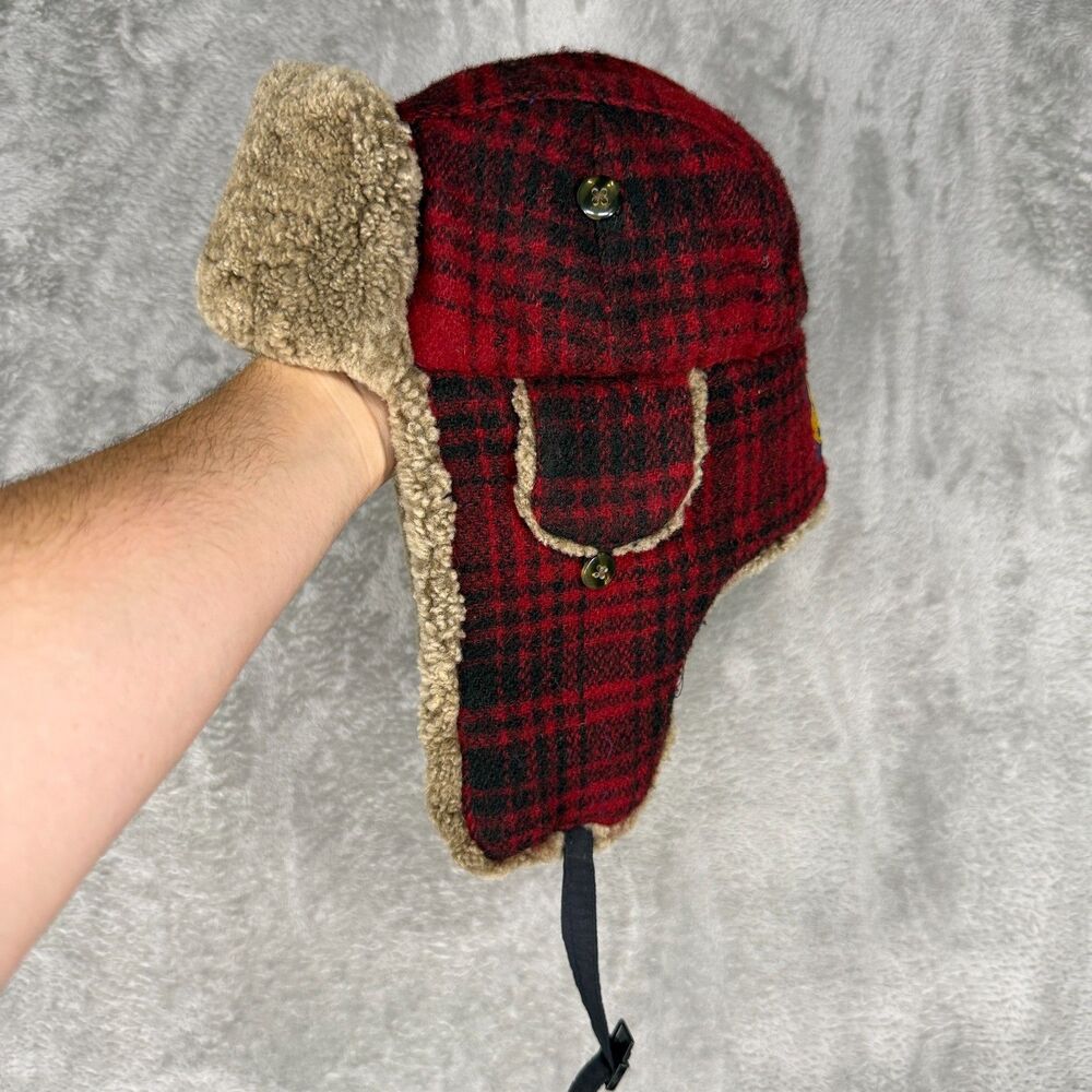 Mad Bomber Wool Trapper Hat Size Medium Red Plaid Sherpa Nylon Lined Buckle Logo
